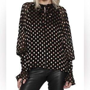 Walter Baker Women’s Sz S Metallic Dot Banner Top Tiered Sleeve Lined Tie Neck